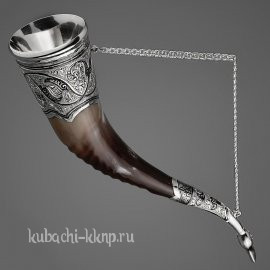 Рог с серебряными вставками гравировкой и чернением, 70 мл - рог8