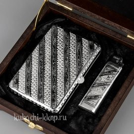 Серебряный портсигар с чернением и зажигалкой  - пдс010з