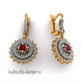 золотоые серьги с дорожкой фианитов и искусст. гранатом - 00109e