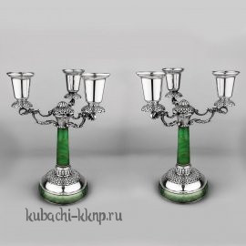Пара серебряных подсвечников с малахитом - пдс05(2)