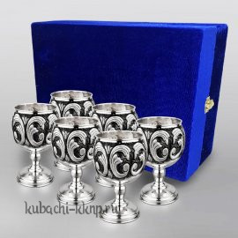 Набор из шести серебряных бокалов с чеканкой - бк055-6