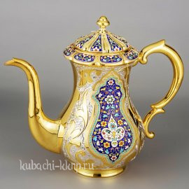 Серебряный чайник (кофейник) с позолотой  эмалью «Финифть» - чн040