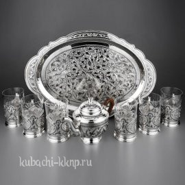 Серебряный чайный сервиз с подстаканниками - чср003
