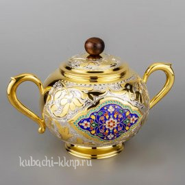 Серебряная сахарница с гравировкой, позолотой и эмалью «Финифть», 500 мл - сх015