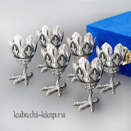 Набор из шести серебряных подставок по яйцо с чернением - пш023-6