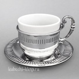 Серебряная чашка с блюдцем с фарфоровой вставкой - ЧП029