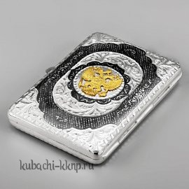 Серебряный портсигар с позолоченным гербом - ПДС065