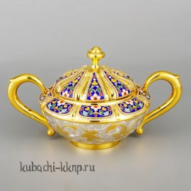 Низкая серебряная сахарница с позолотой и эмалью «Финифть», 250 мл - сх013