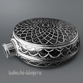 Большая круглая серебряная фляга ручной работы. - ФЛ131