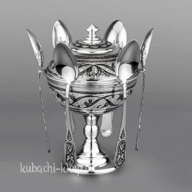 Оригинальная серебряная икорница с ложками - ИК041