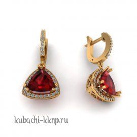 Висячие серьги из золота с искуст. гранатом и фианитами - 10011e