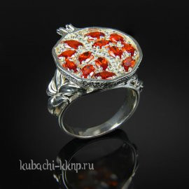Оригинальное кольцо кубачи с фианитами цвета гранат серебро - к218