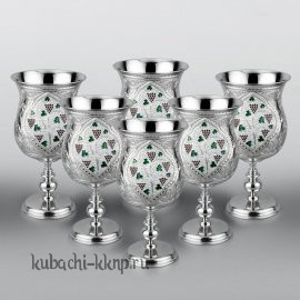 Набор из шести серебряных  фужеров для вина с эмалью - ф128-6