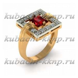 Кольцо из золота с фианитами и одним исск. гранатом - 00081r Кольцо из золота с фианитами и одним исск. гранатом - 00081r