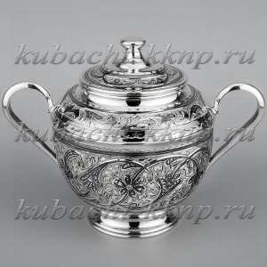 Серебряная сахарница с ручками и кубачинским орнаментом - СХ094 Серебряная сахарница с ручками и кубачинским орнаментом - СХ094