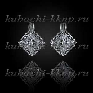 Серьги кубачи с фианитами геометрической формы - с255