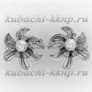 Золотые серьги с жемчугом и фианитами - 00014e