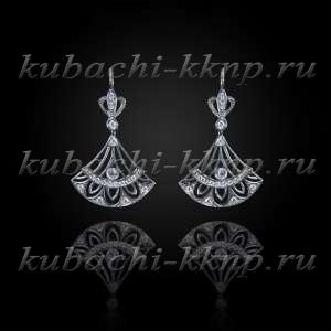 Висячие серьги кубачи с белыми фианитами   Висячие серьги кубачи с белыми фианитами