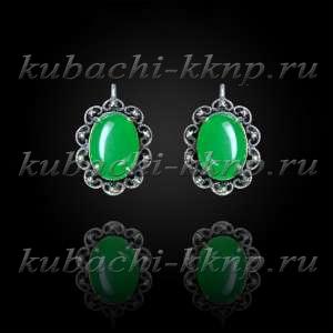 Серьги серебро с натуральным хризопразом в фантазийной оправе - с208