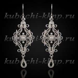 Висячие серебряные  серьги с филигранью 