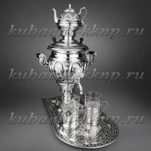 Самовар серебряный с подносом и чайником, 4 л .Электрический - см011