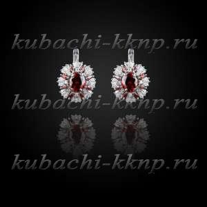 Серебряные серьги кубачи с фианитами под гранат - с805