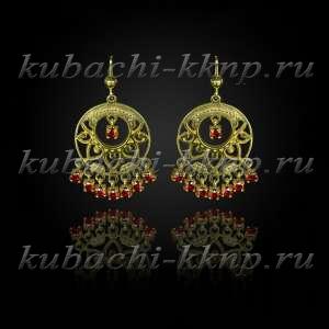 Висячие серьги кубачи с фианитами цвета гранат позолота - вс221