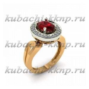 Круглое золотое кольцо  с фианитами и искусственным гранатом - 10008r Круглое золотое кольцо  с фианитами и искусственным гранатом - 10008r