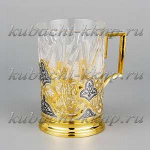 Серебряный подстаканник с позолотой чернением и гравировкой, 230 мл - пд002зл