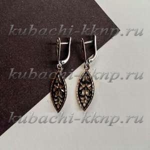 Висячие маленькие серьги с чернью с растительным орнаментом на каждый день в этно стиле - Ag-вс-6