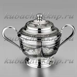 Серебряная сахарница с ручками и арочным рисунком, 550 мл - сх021 Серебряная сахарница с ручками и арочным рисунком, 550 мл - сх021