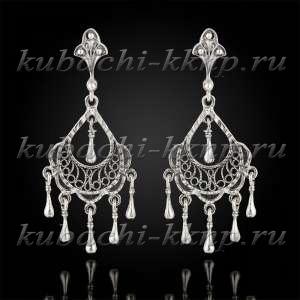 Длинные висячие серьги с филигранью из серебра  Длинные висячие серьги с филигранью из серебра