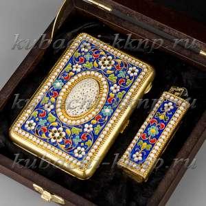 Серебряный портсигар с зажигалкой «Финифть 1» - пдс036з