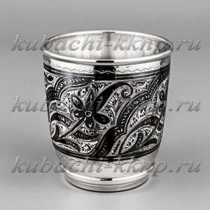 Серебряный стакан с черненым орнаментом и гравировкой «Калип», 210 мл - ст030