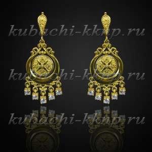 Висячие серебряные серьги с белыми фианитами позолота - вс222 Висячие серебряные серьги с белыми фианитами позолота - вс222