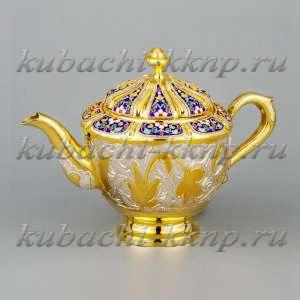 Серебряный чайник с позолотой  и эмалью - ЧН051