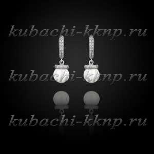 Серебряные висячие серьги кубачи  искусственным  жемчугом - вс821