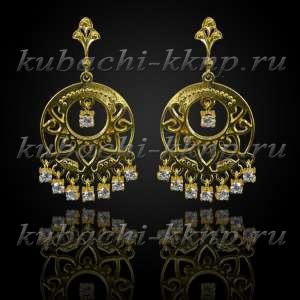 Висячие серьги кубачи с белыми фианитами позолота  Висячие серьги кубачи с белыми фианитами позолота