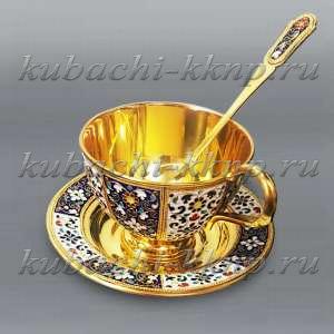 Авторская чайная пара из серебра с ложкой - ЧП028