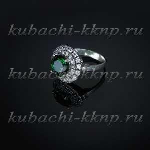 Кольцо кубачи с цианитом цвета изумруд и россыпью белых фианитов - к249