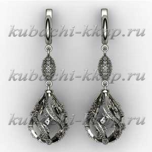 Висячие серьги из белого золота с фианитами - 00043e