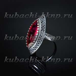 Кольцо кубачи с большим фианитом цвета рубин - к248