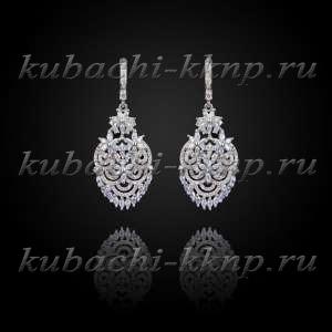 Серебряные висячие серьги кубачи  с россыпью фианитов - вс822 Серебряные висячие серьги кубачи  с россыпью фианитов - вс822
