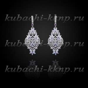 Серебряные висячие серьги кубачи с россыпью фианитов под бриллиант - вс824 Серебряные висячие серьги кубачи с россыпью фианитов под бриллиант - вс824