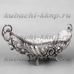 Серебряная конфетница - ладья «Цветы» - кф158