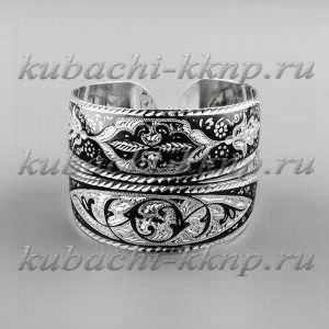 Серебряный широкий браслет Кубачи с чернеными узорами - БР160 Серебряный широкий браслет Кубачи с чернеными узорами - БР160