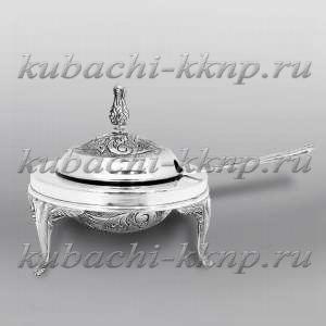 Серебряная икорница  со стеклом и крышкой - ИК035
