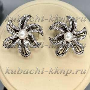 Серьги с фианитами культивированным жемчугом Морская звезда - с110