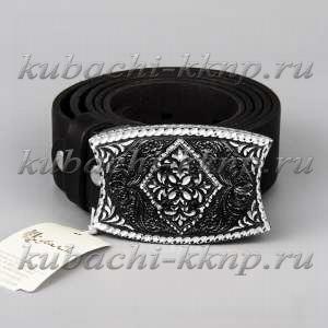 Пряжка серебряная с черным кожаным ремнем - рм013