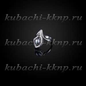 Серебряное кольцо Кубачи с фианитами и искусственным черным жемчугом - к817 Серебряное кольцо Кубачи с фианитами и искусственным черным жемчугом - к817